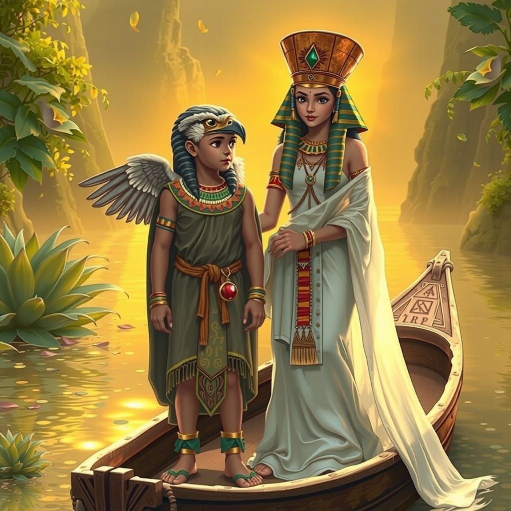Young Horus and Isis on Nile Boat, Whimsical Art