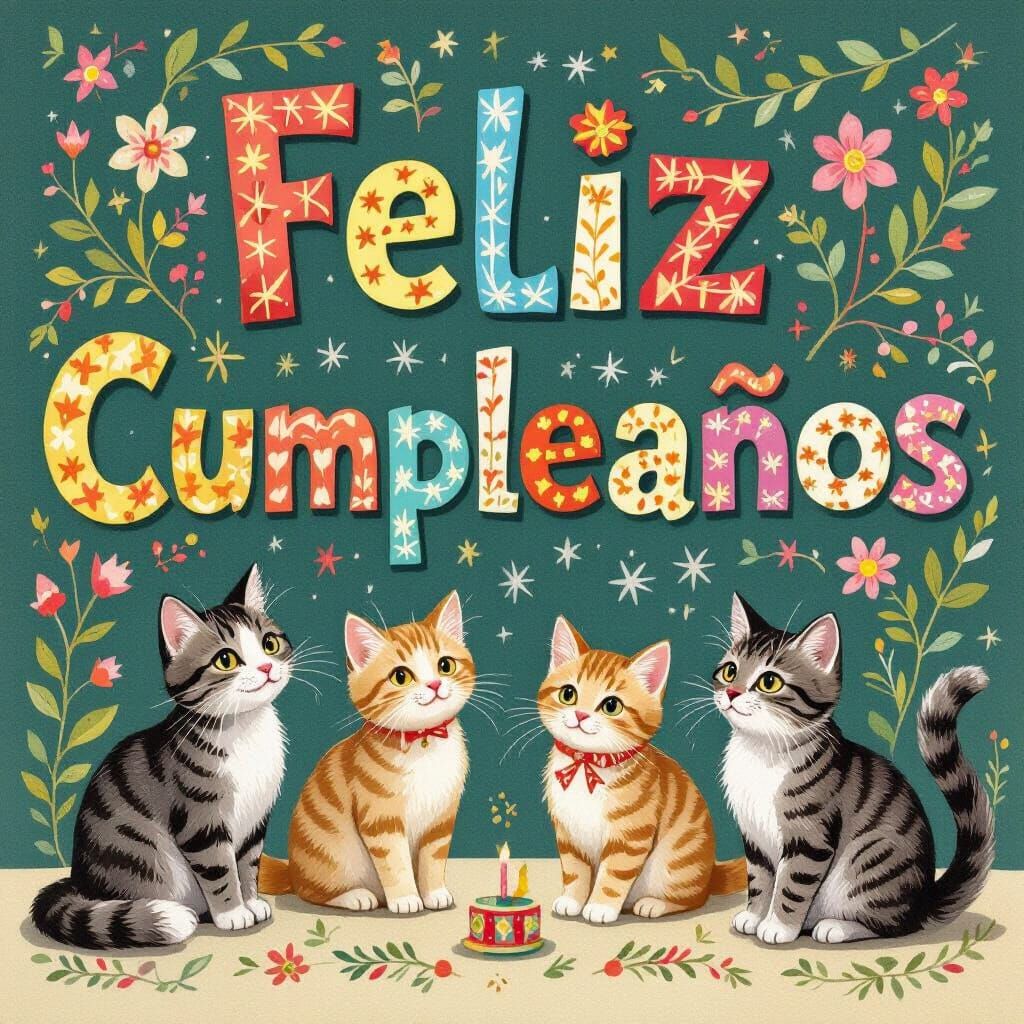 Festive Birthday Alphabet with Cats in Watercolor Style