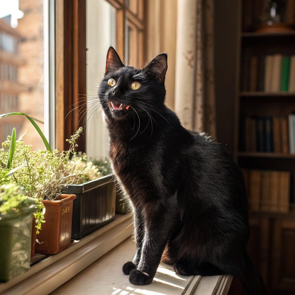 Photorealistic Black Cat with Human Smile