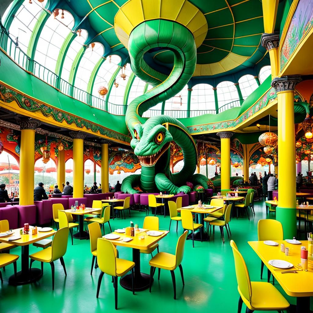 Goblin Restaurant with Kinetic Art in Bright Colors