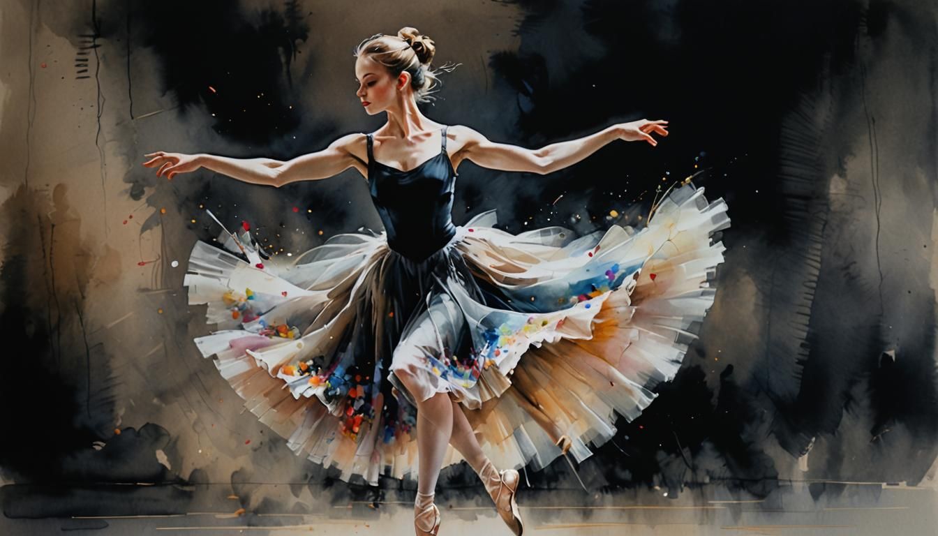 Ballerina Leaping in Tulle Dress: Watercolor Art