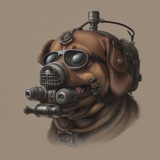Dog in Detailed Dieselpunk Drawing