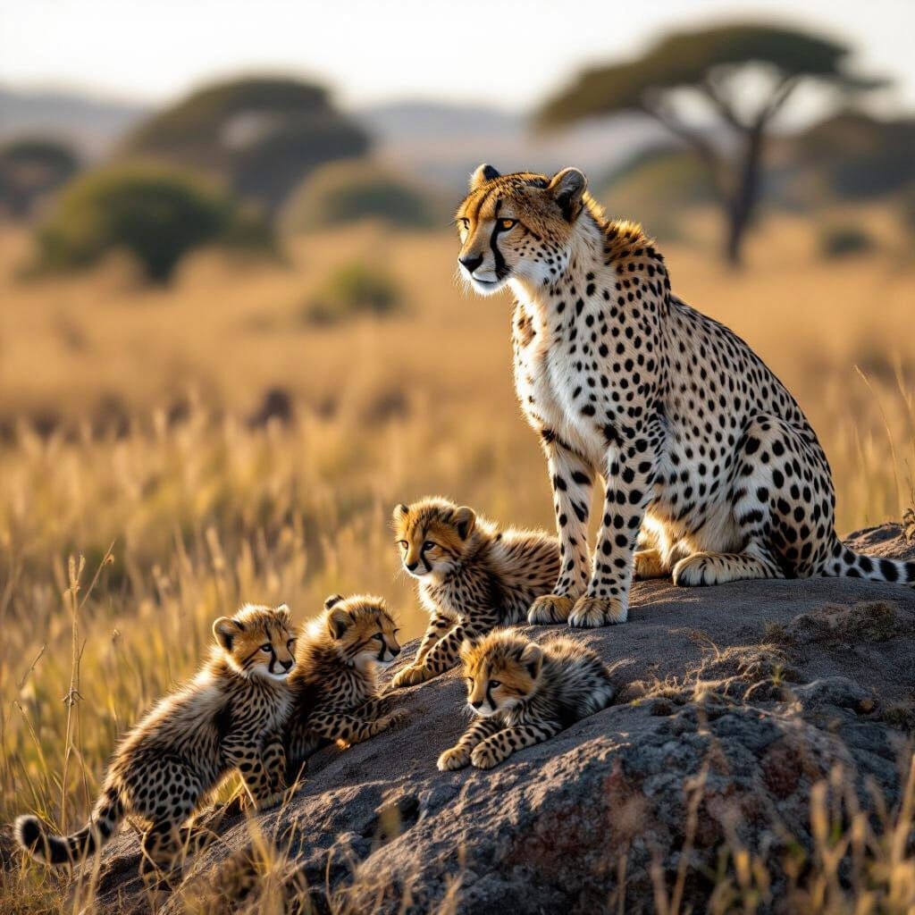 Mother Cheetah Watches Cubs Play on Savanna