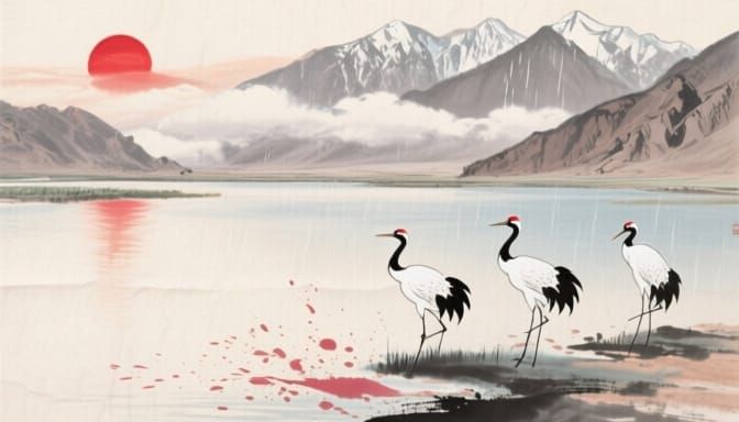 Cranes in Lakeside Ink Painting with Mountains