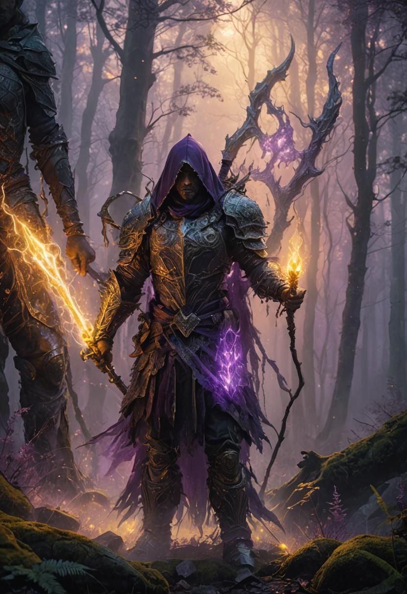 Mystical Warrior in Forest, Dark Fantasy Concept Art