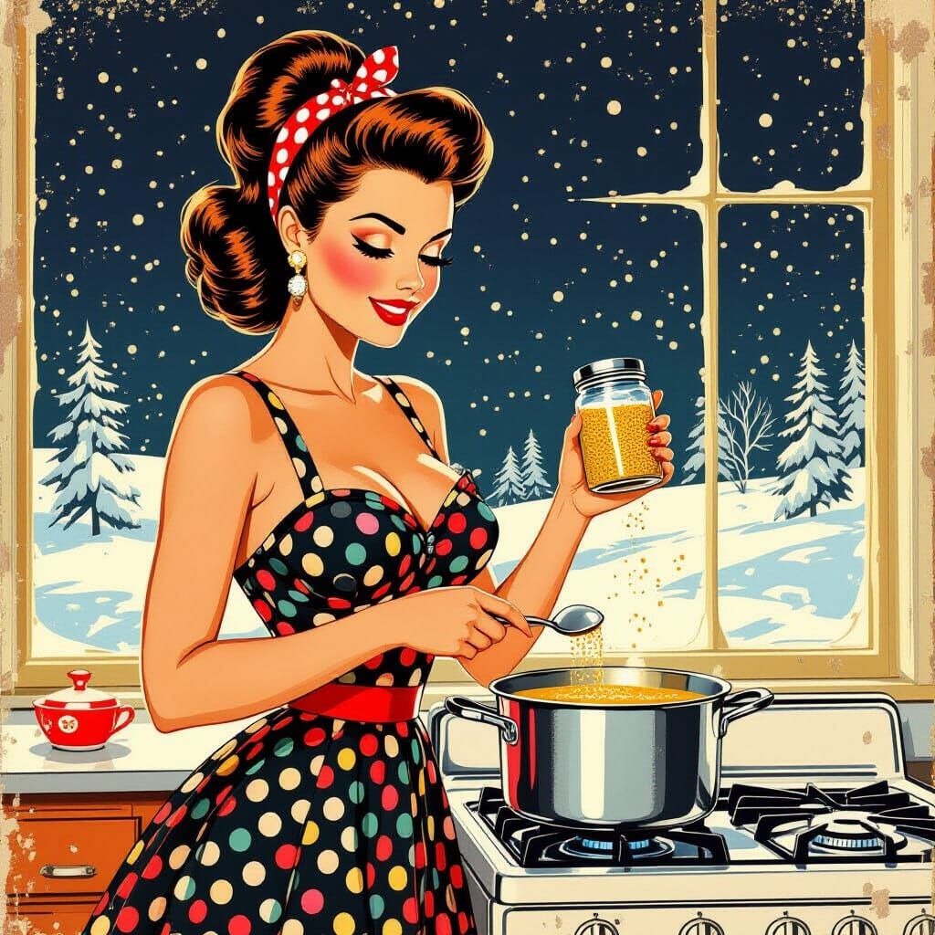 Retro Pin-Up Woman Cooking in 1950s Kitchen