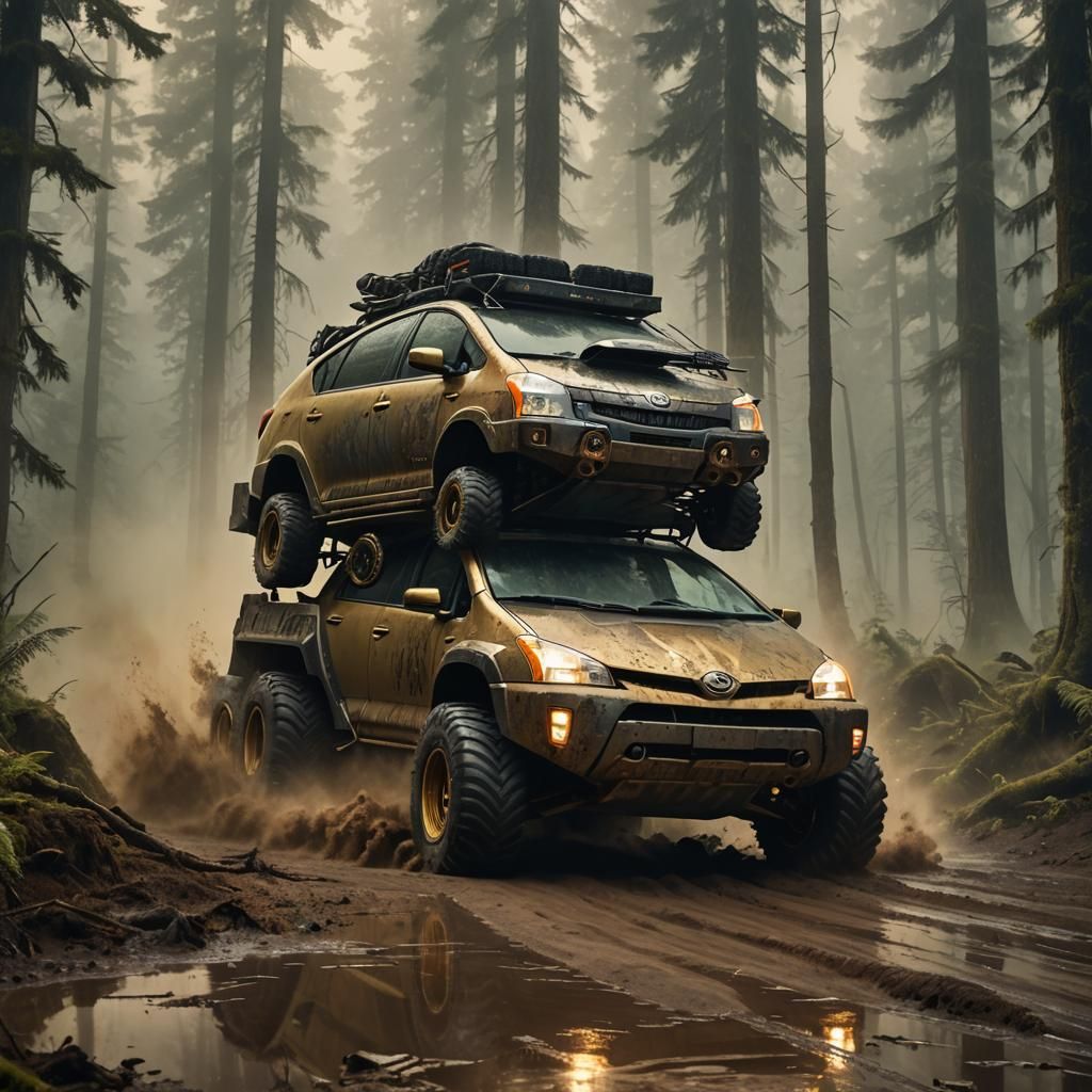 Diesel Prius on Mud Tires in Mystical Forest