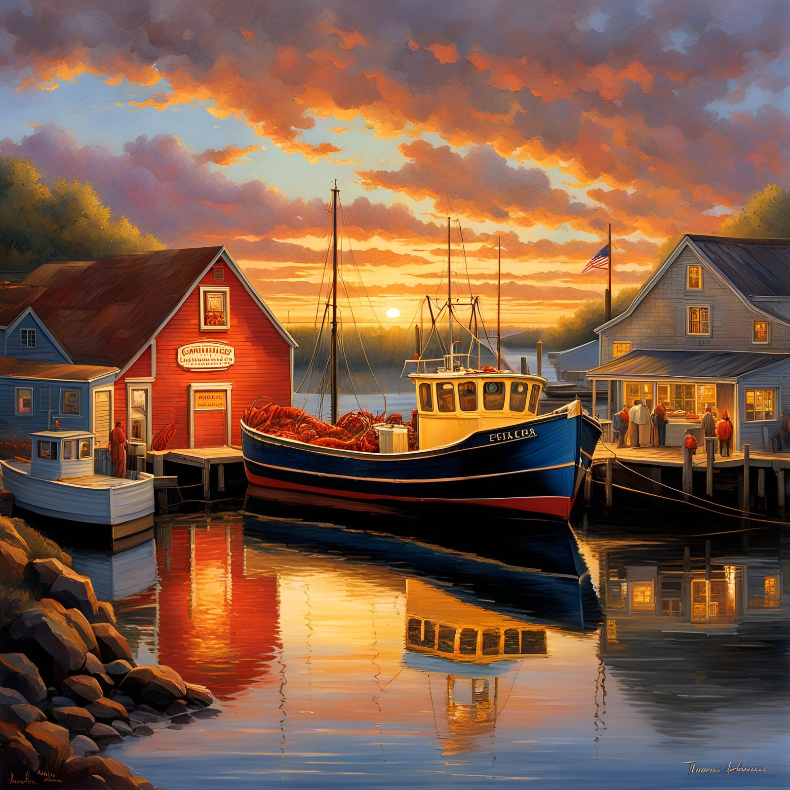 Lobster Boats Unloading in Golden Light