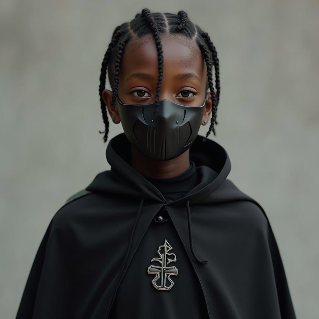 Masked Boy with Ritual Vesper in Dark Futurism Style