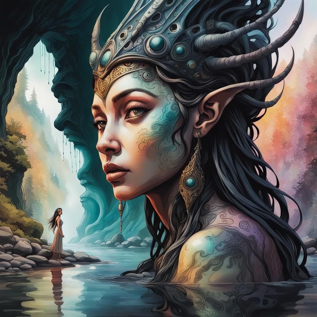 Goddesses Meet in Nordic River: Double Exposure Art