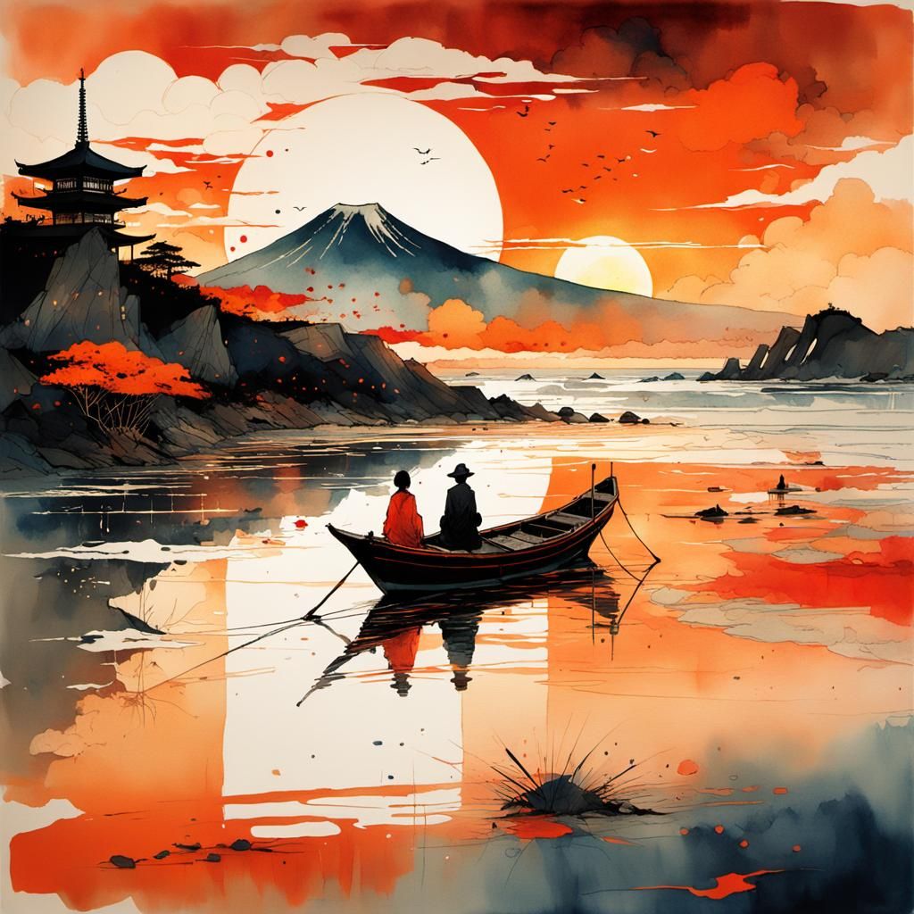 Japanese Beach Sunset in Sumi-e Watercolor Style