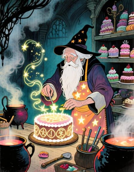 Wizard Baker Crafts Enchanted Cake in Magical Bakery