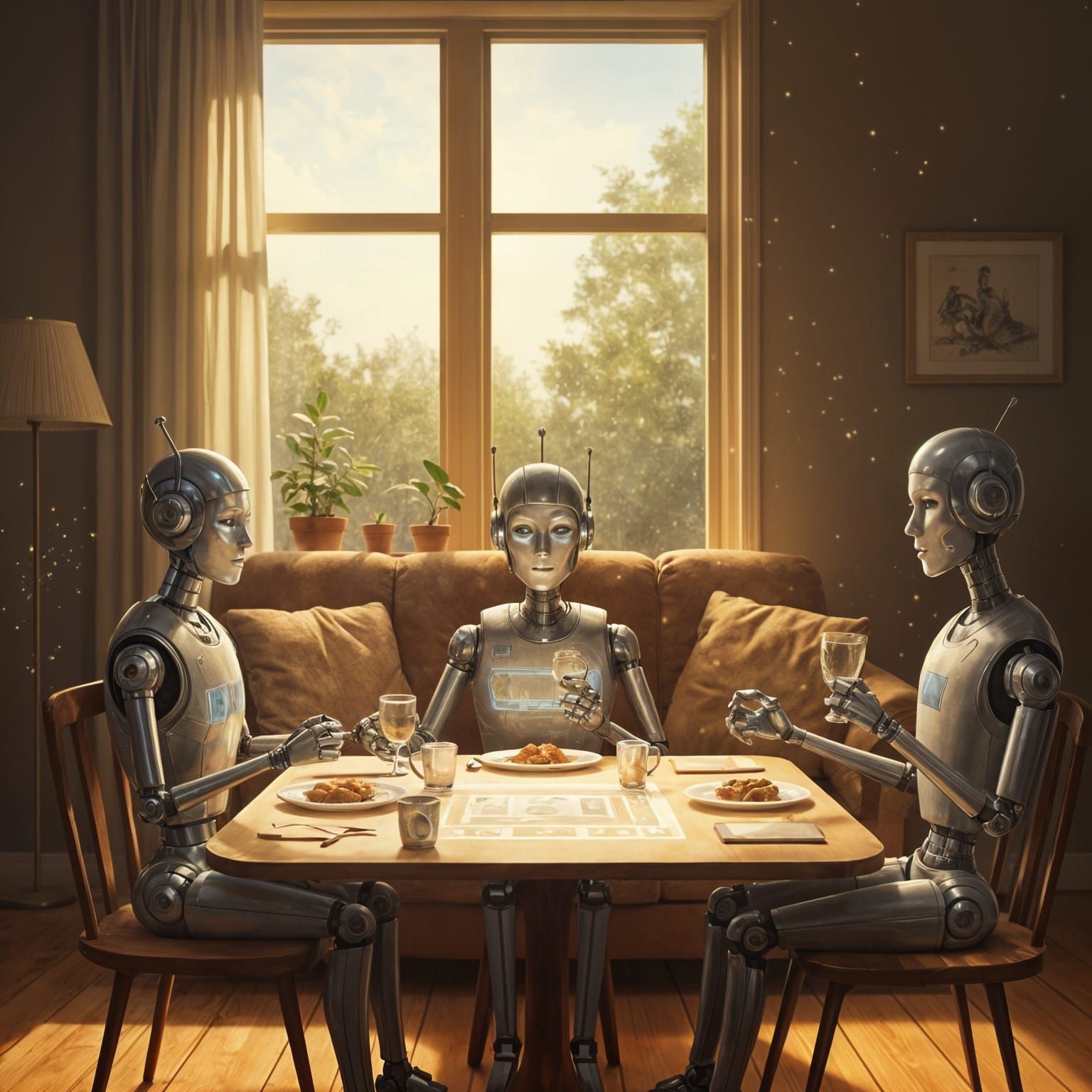Retro-Futuristic Robots Enjoying a Meal