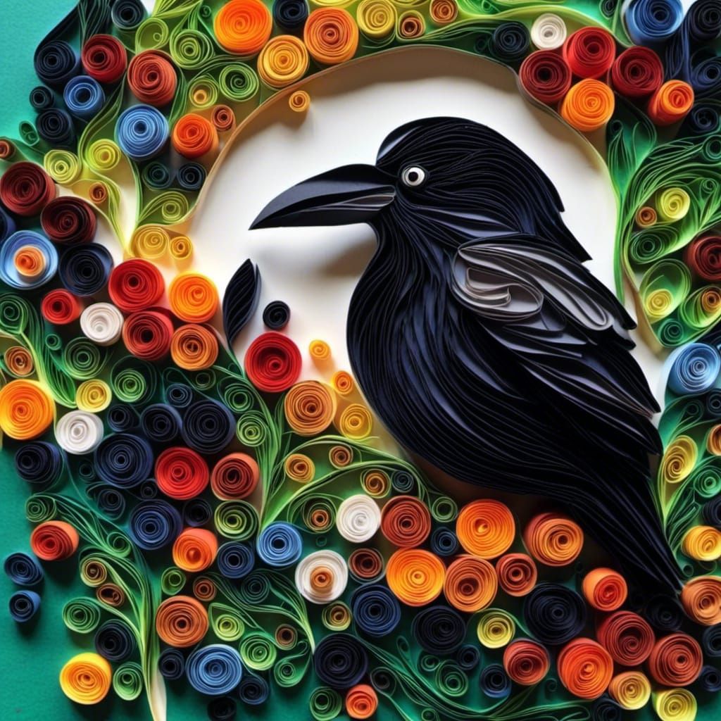 Surreal Quilled Raven in Miro-Inspired Style