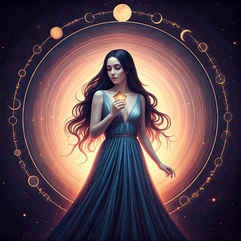 A celestial woman surrounded by vibrant swirling stars and n...