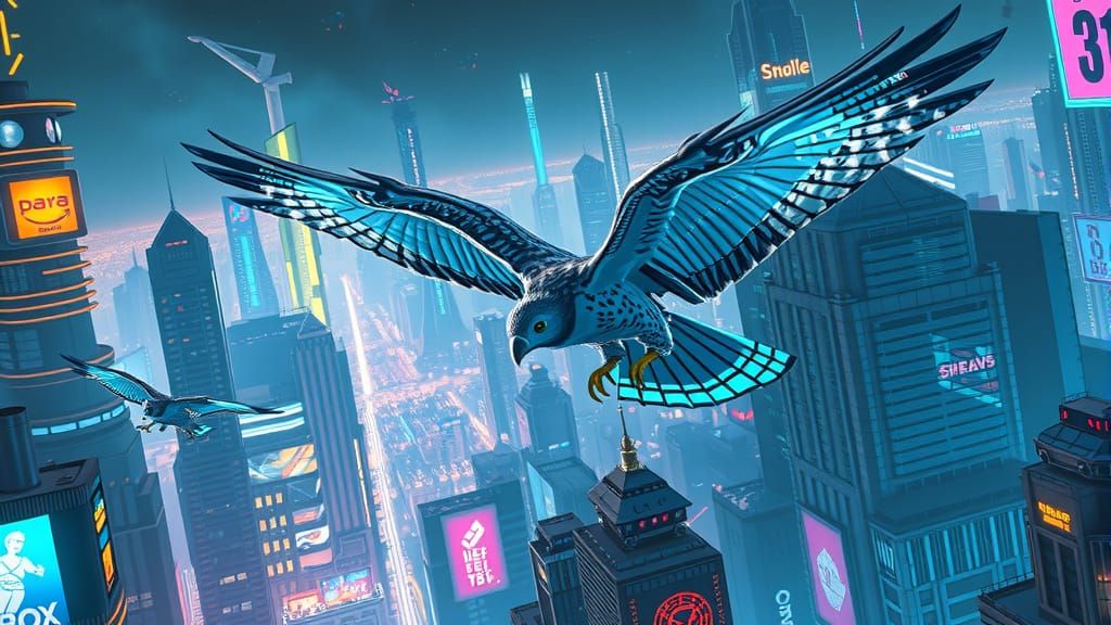 Cyberpunk Falcon Soaring Through Neon Cityscape