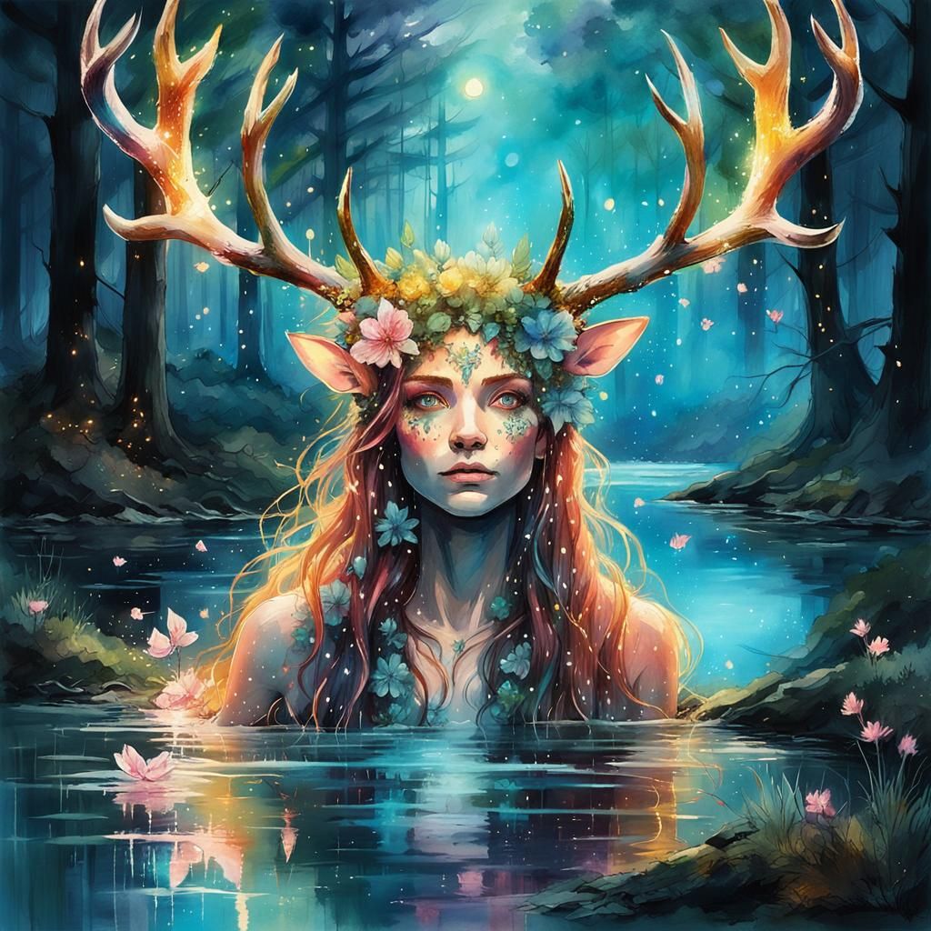 Epic Forest Goddess in Watercolor Style
