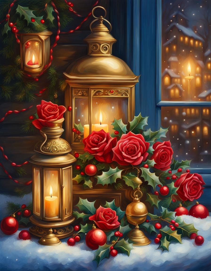 Christmas Roses and Lanterns in Oil Painting Style
