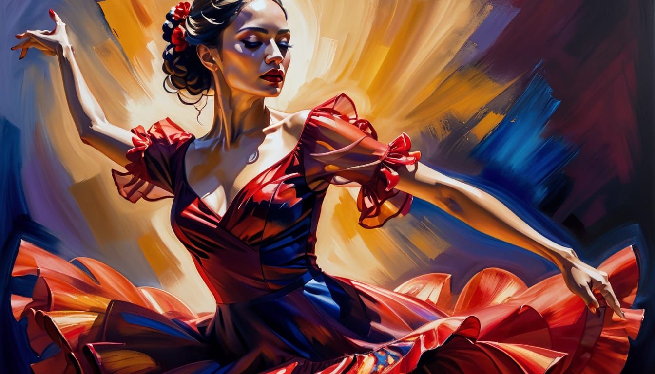 Flamenco Dancer in Red, Expressionist Oil Painting