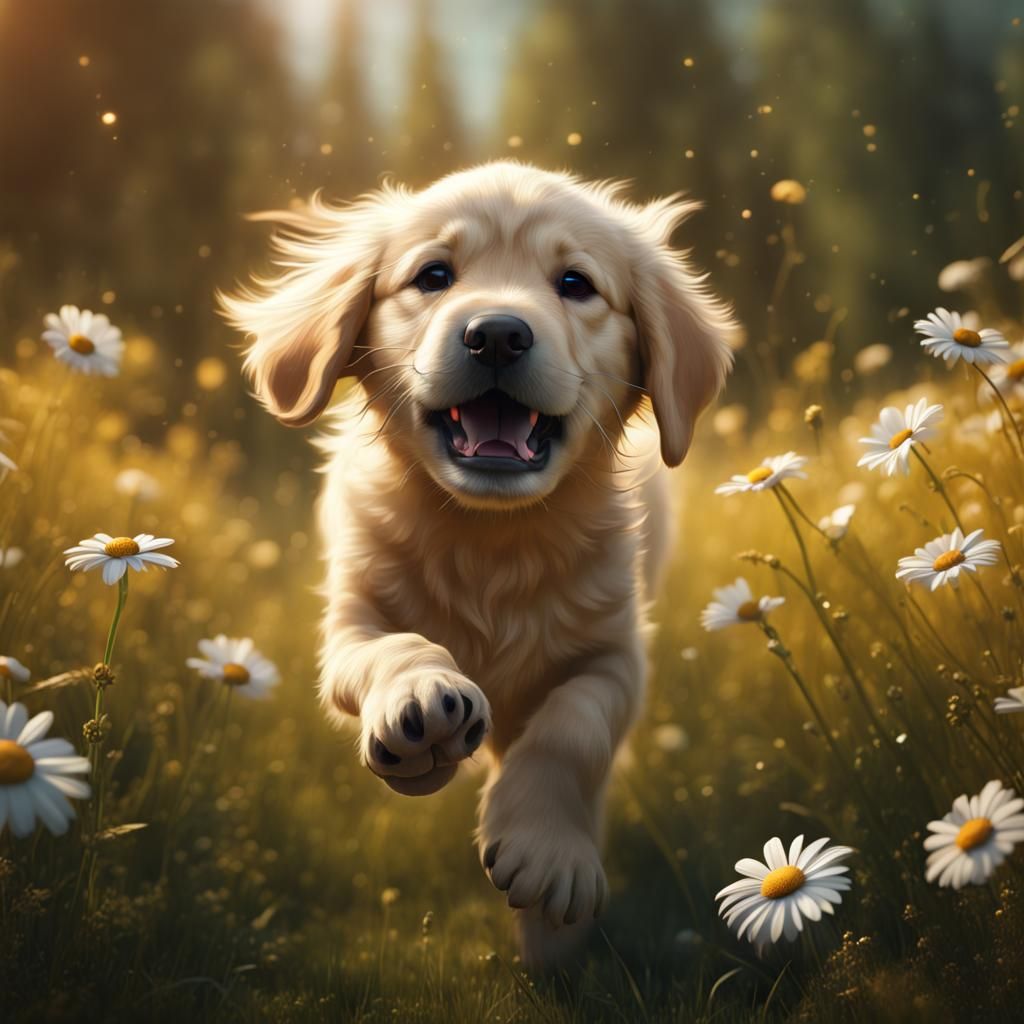 Golden Retriever Puppy in Meadow: Fantasy Concept Art