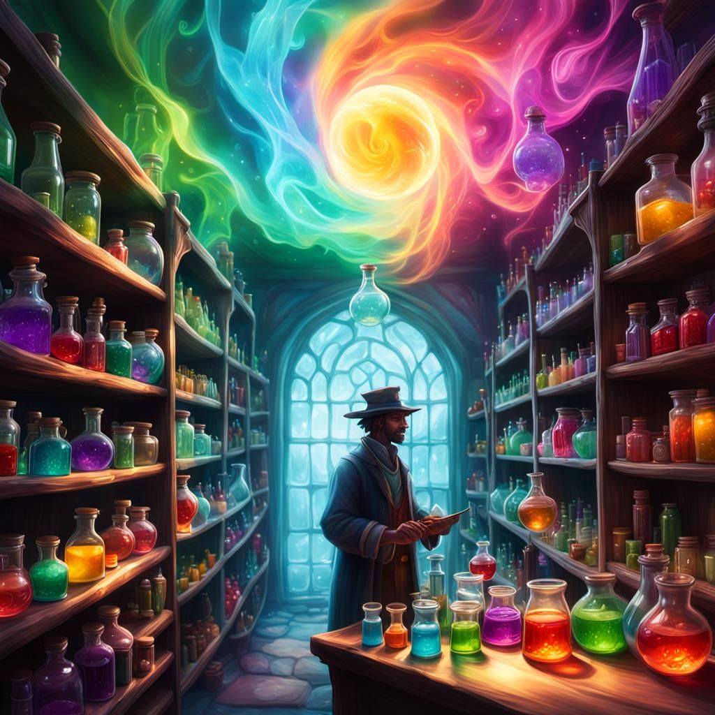 Mystical Art Store with Colorful Potions in Fantasy Style