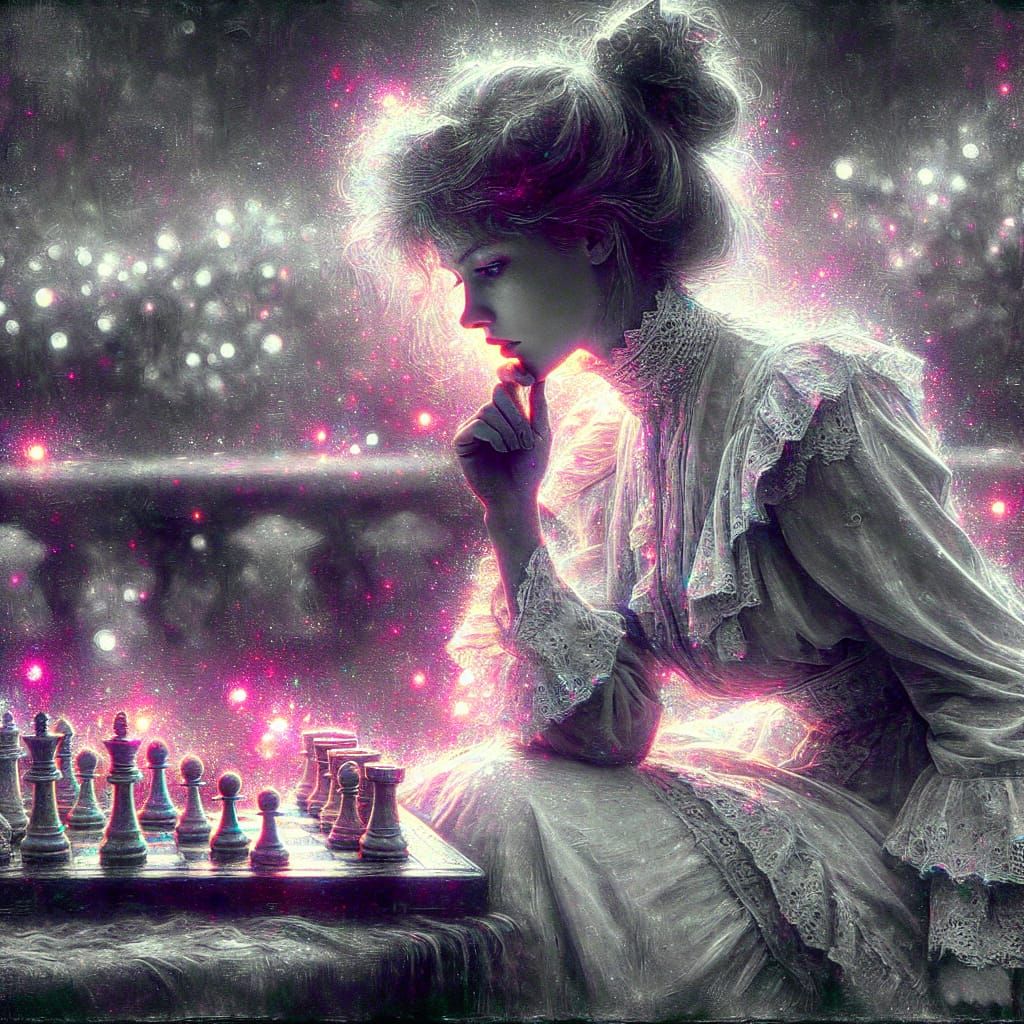 Elegant Victorian Woman Lost in Chess, in Impressionistic St...