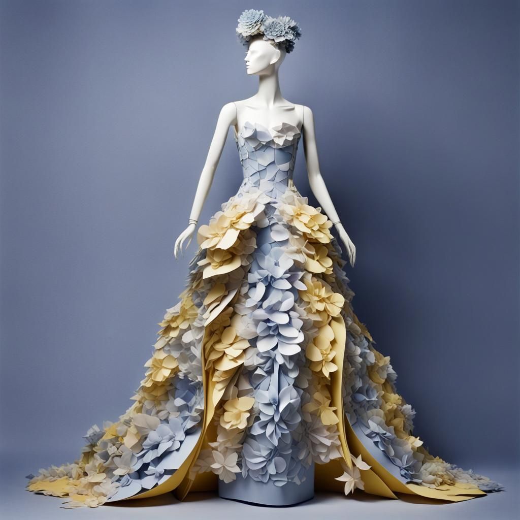 Paper Collage Fine Art :: Alexander McQueen (Full Length Evening  Gown, 1:4) :: (Sage Periwinkle Yellow Paper, 1:3)   ::...