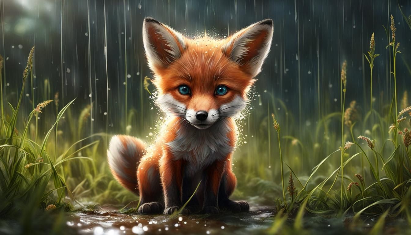 Fox Cub Frolics in Rainy Urban Scene