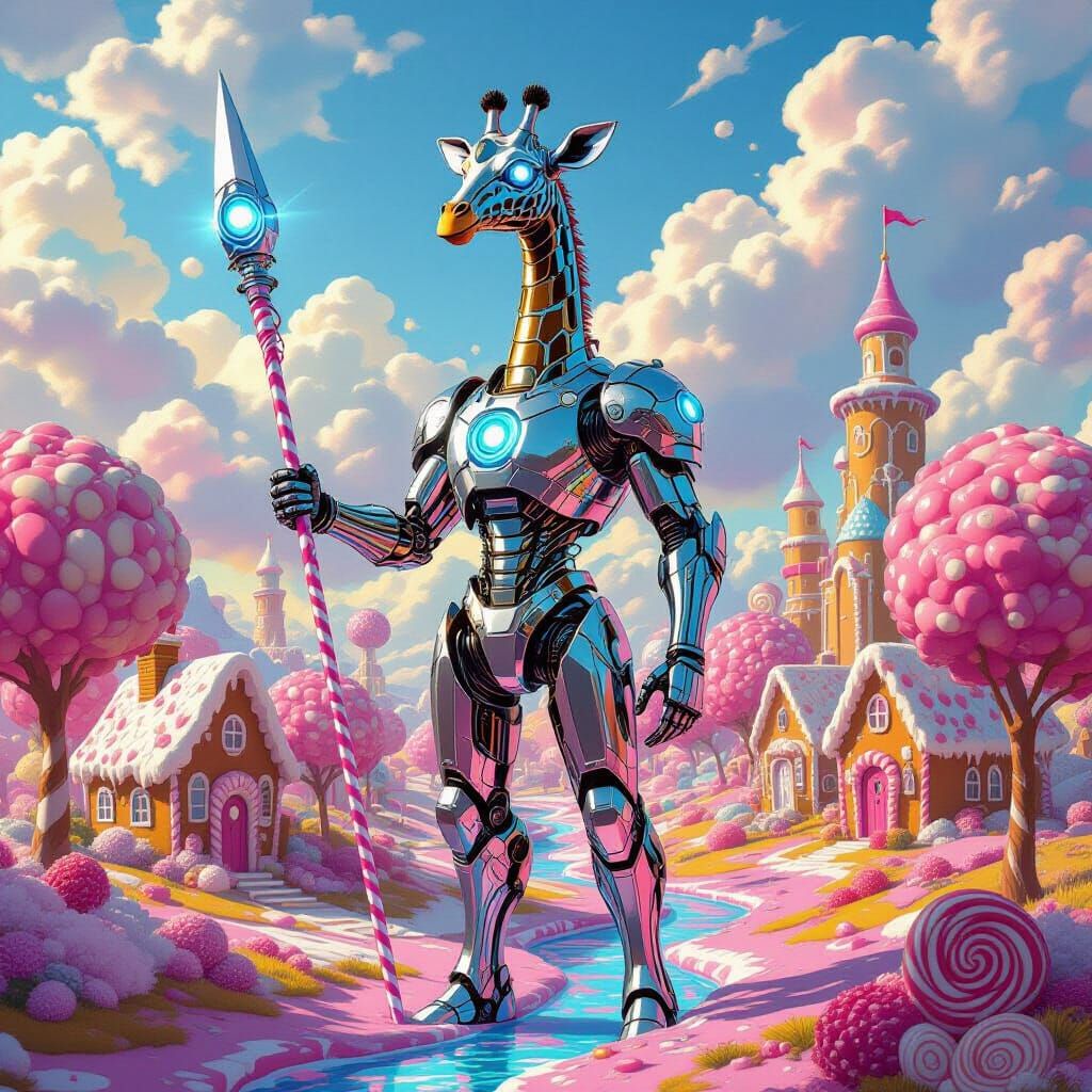 Cyborg Giraffe Warrior in Whimsical Candy Land