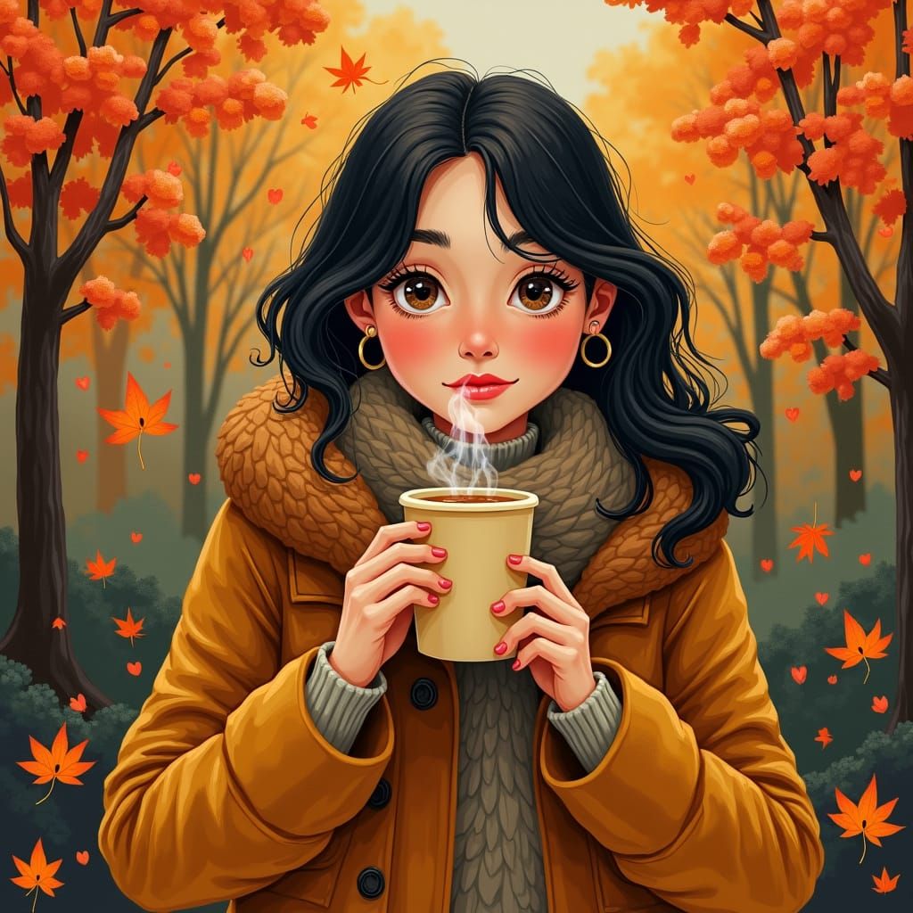 Autumn Woman with Apple Cider, Whimsical Art