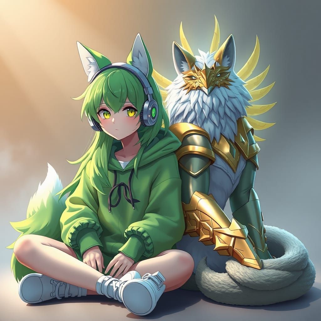 Girl with Wolf and Armored Companion in Anime Style