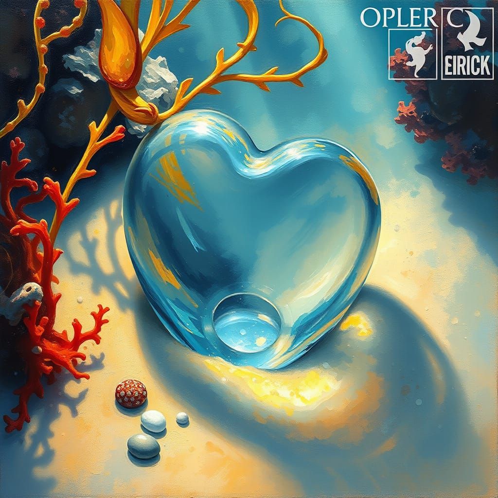 Heart Shaped Glass on the Ocean Floor in Vibrant Impasto Sty...