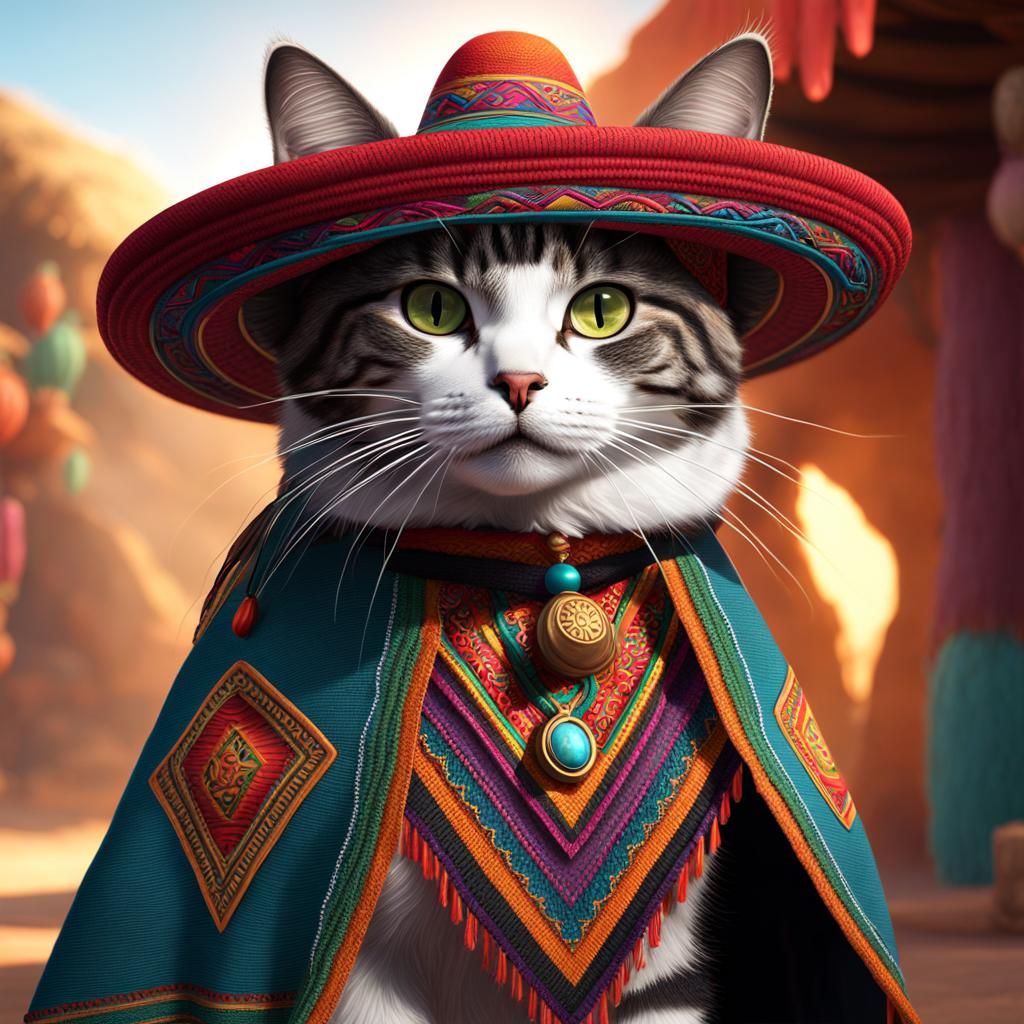 Cat in Sombrero and Poncho: Detailed Fantasy Art