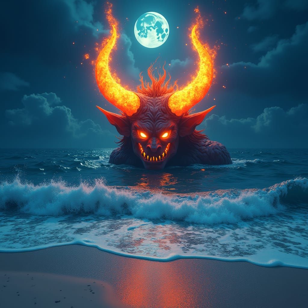 Fiery Imp on Moonlit Beach, Ghibli Style