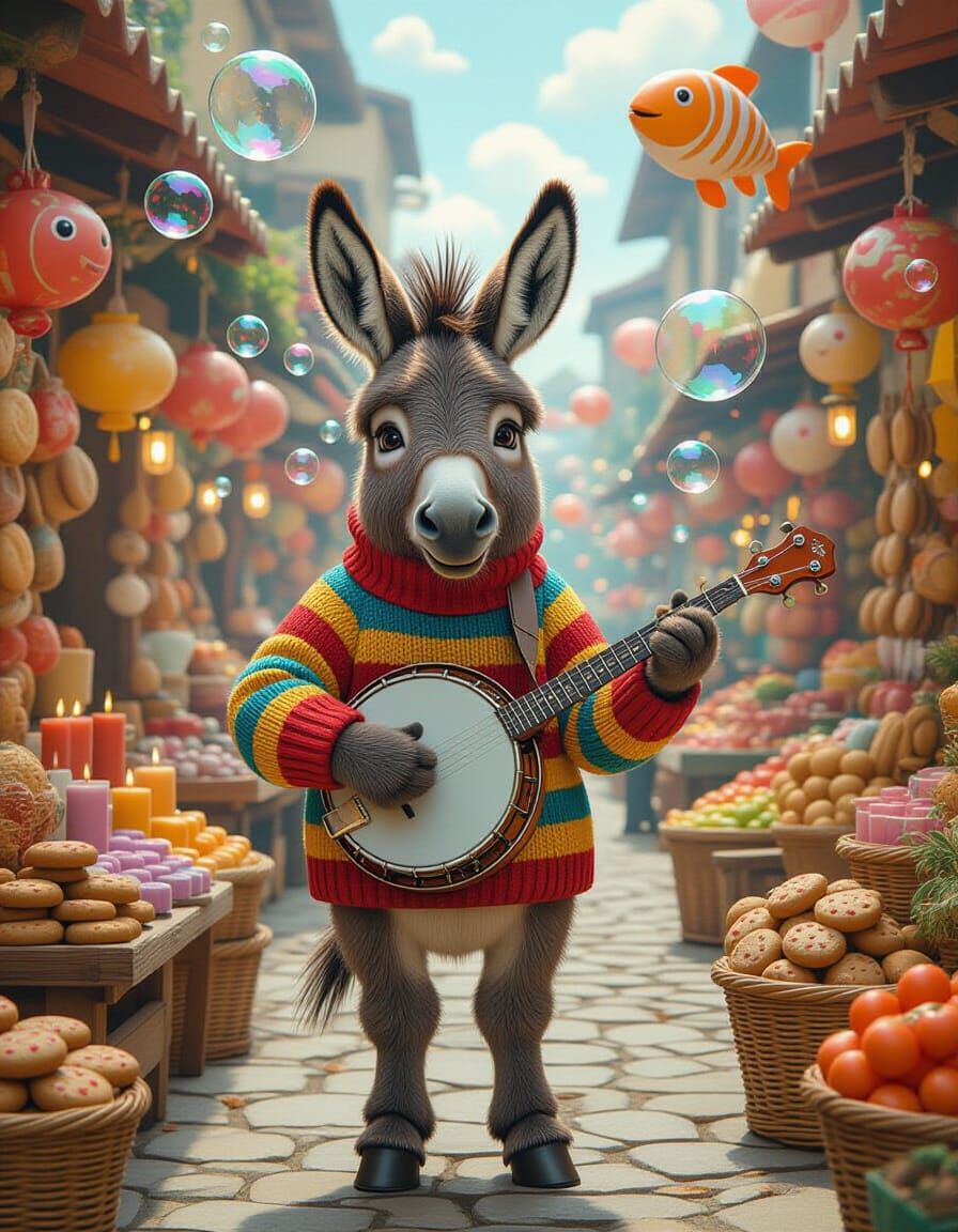 Donkey's Whimsical Market Concert: A Fantastical Scene