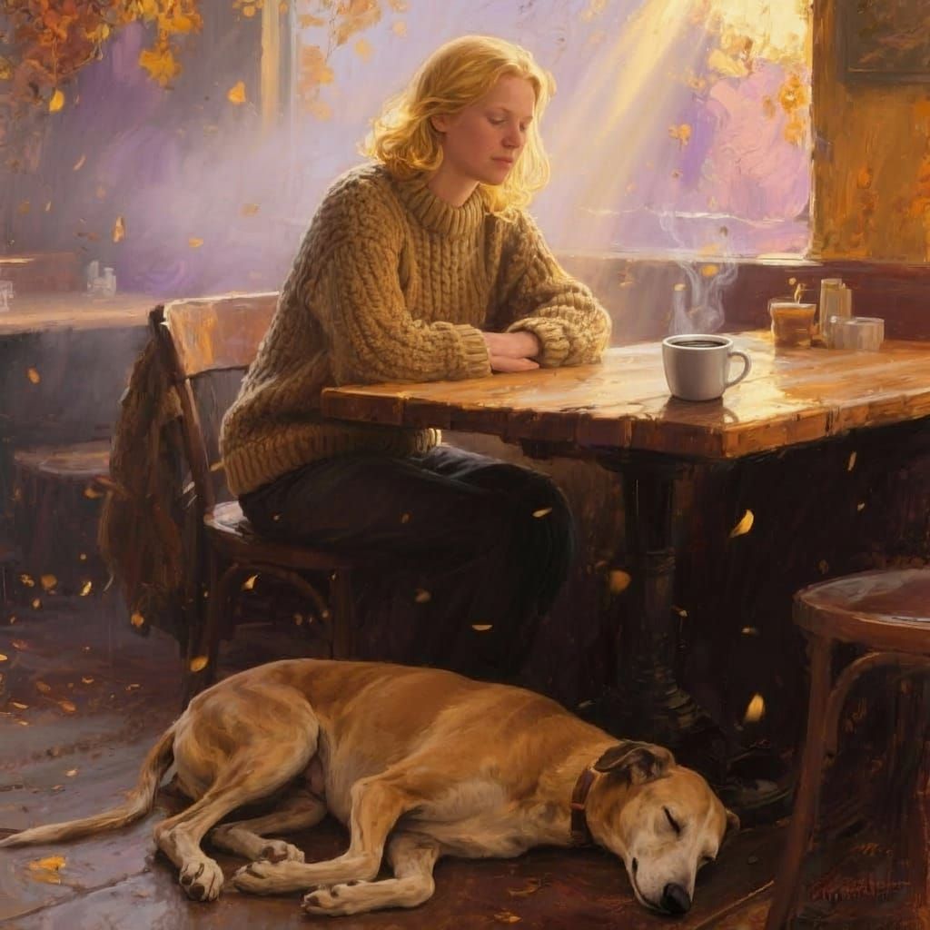 Swedish Woman in Cozy Cafe with Greyhound, Autumn Lighting