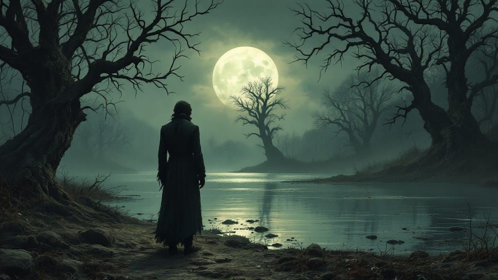Gothic Figure by Moonlit Lake: A Haunting Illustration