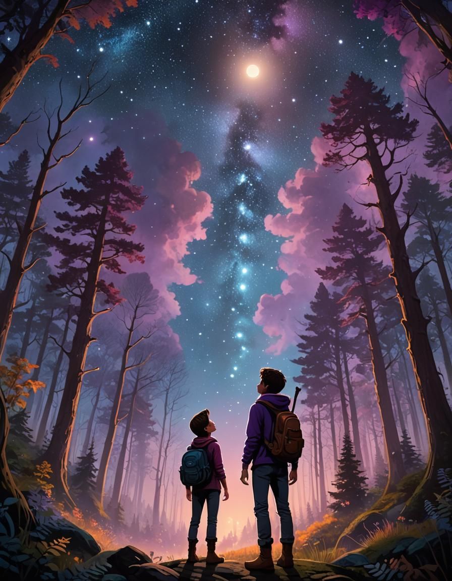 Mystical Forest Adventure Under Starry Night Sky