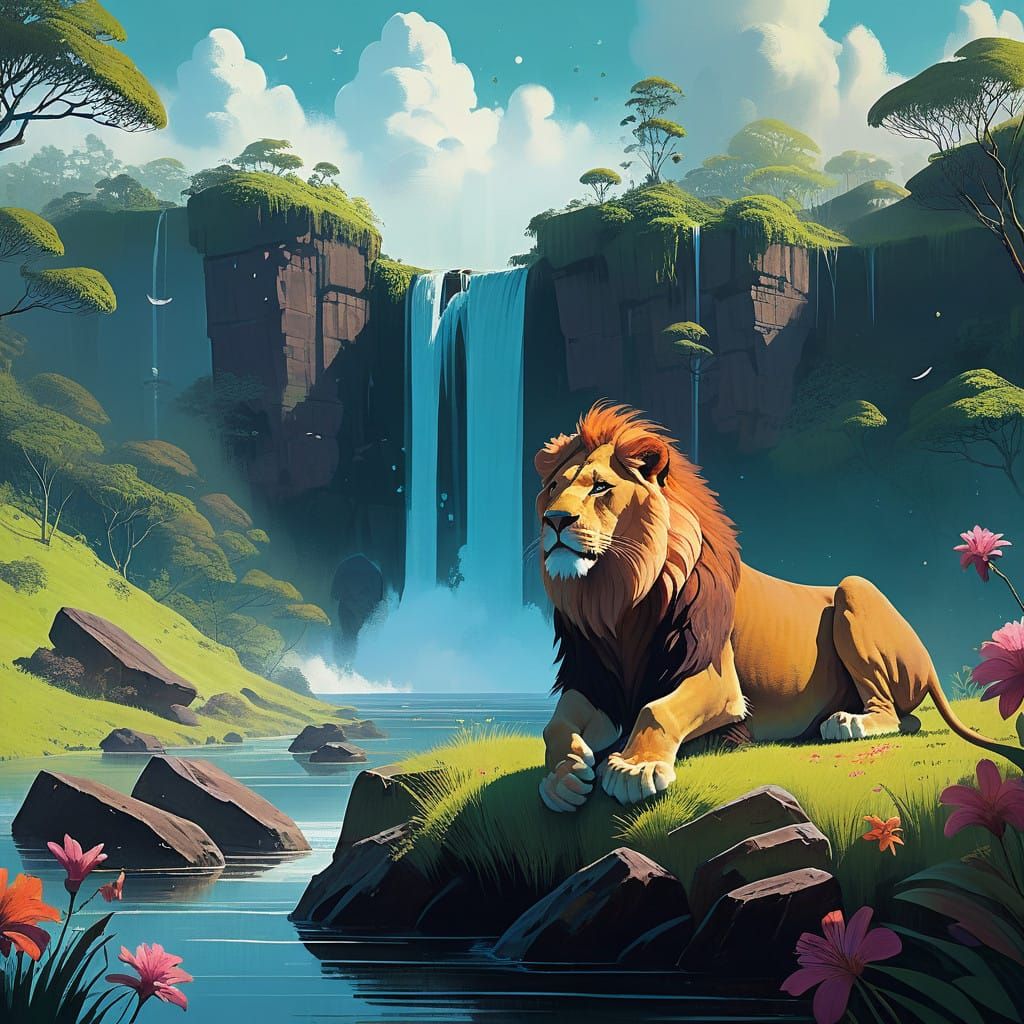 Majestic Lioness Under Tropical Waterfall