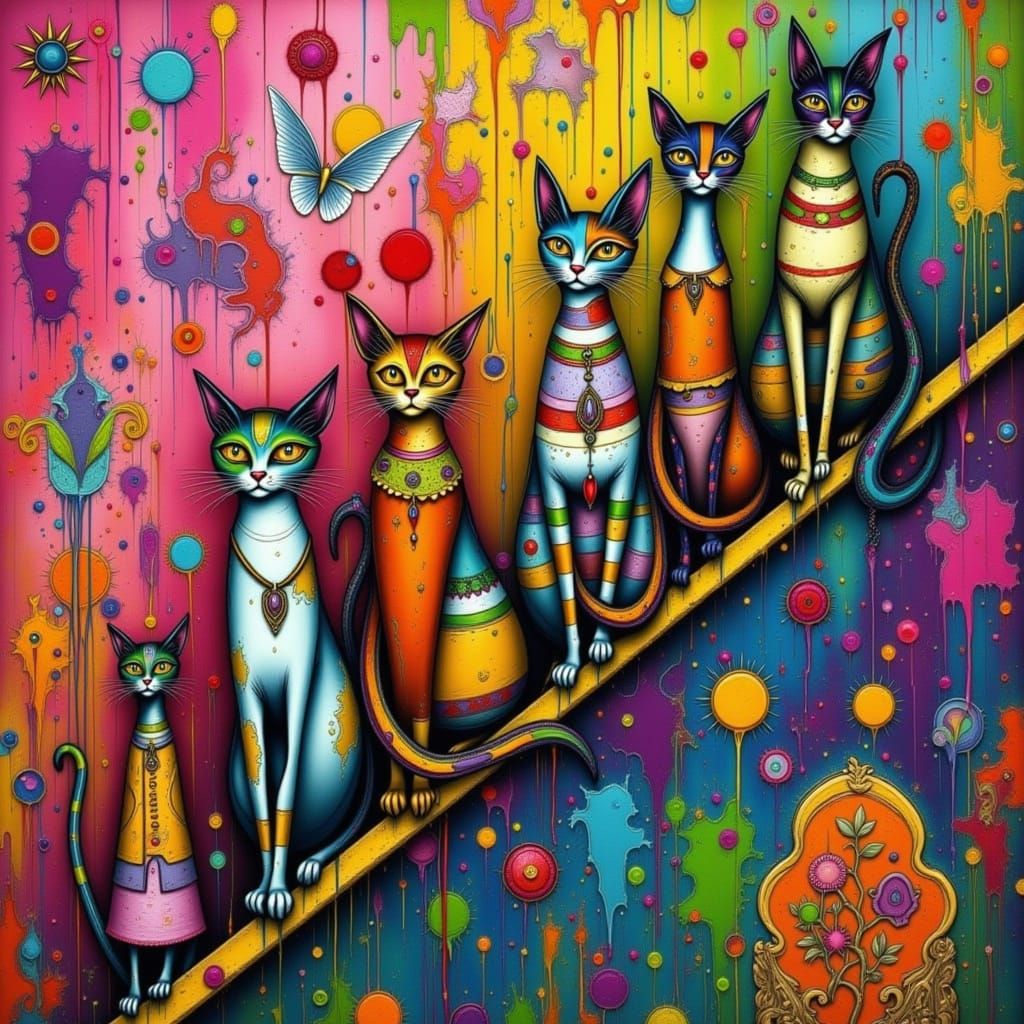 Cat Family Portrait in 70s Graffiti Art Style