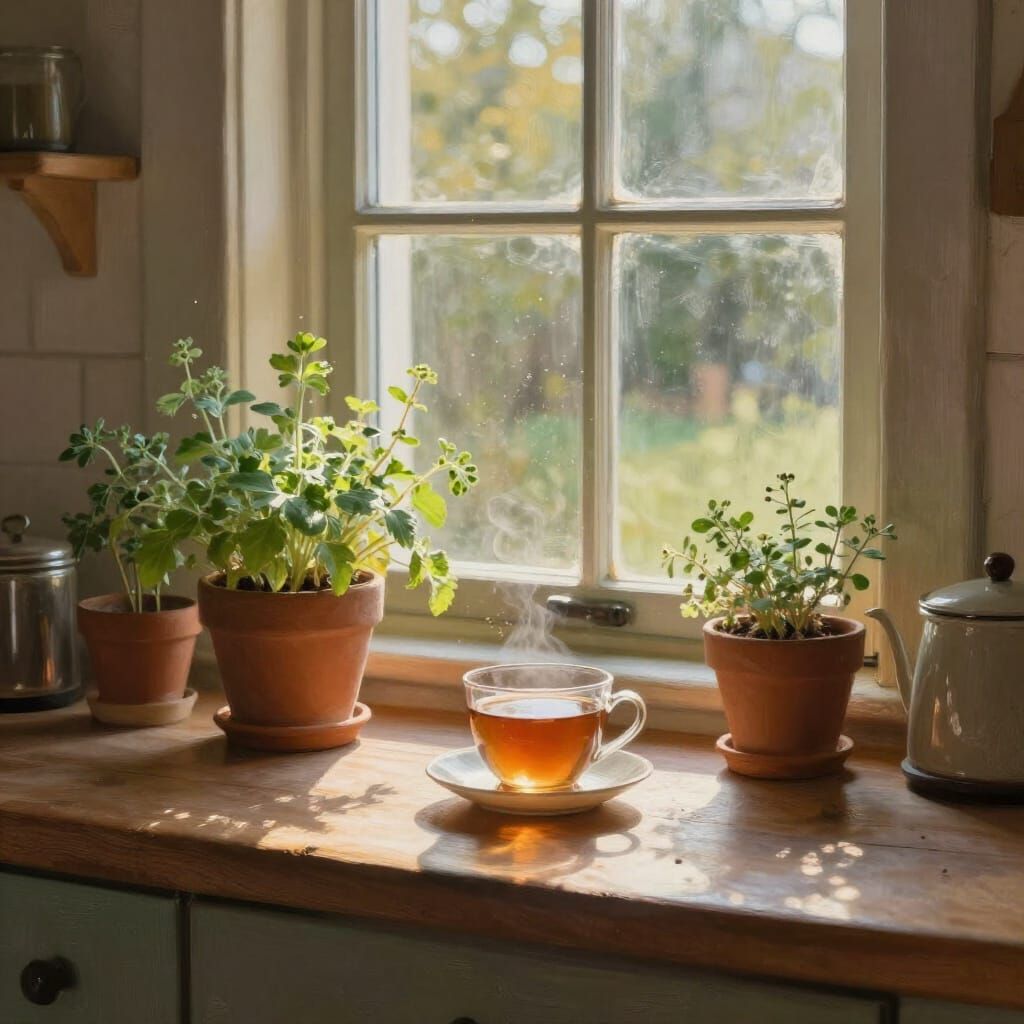 Sunlit Farmhouse Kitchen Window with Herbs and Tea
