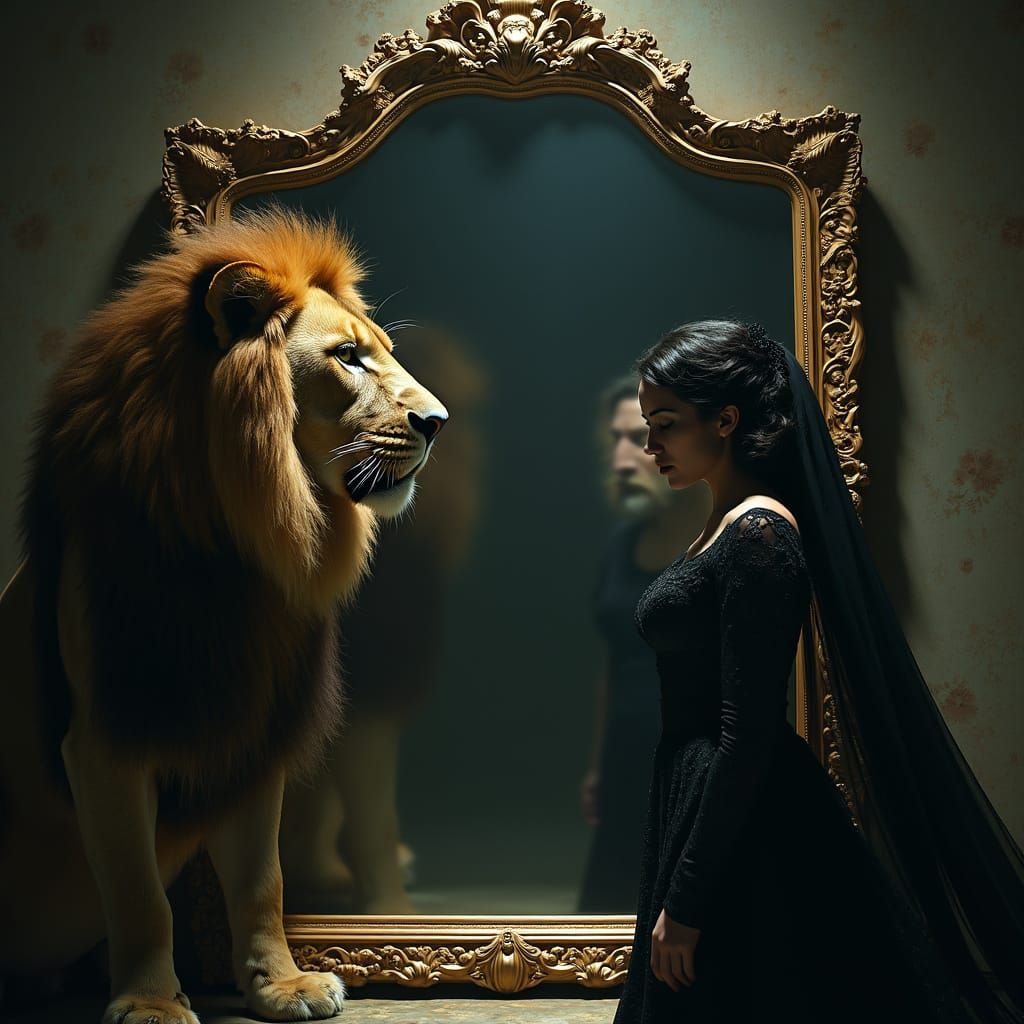 Majestic Lion and Enigmatic Woman Stand Opposite in Eerie Mi...