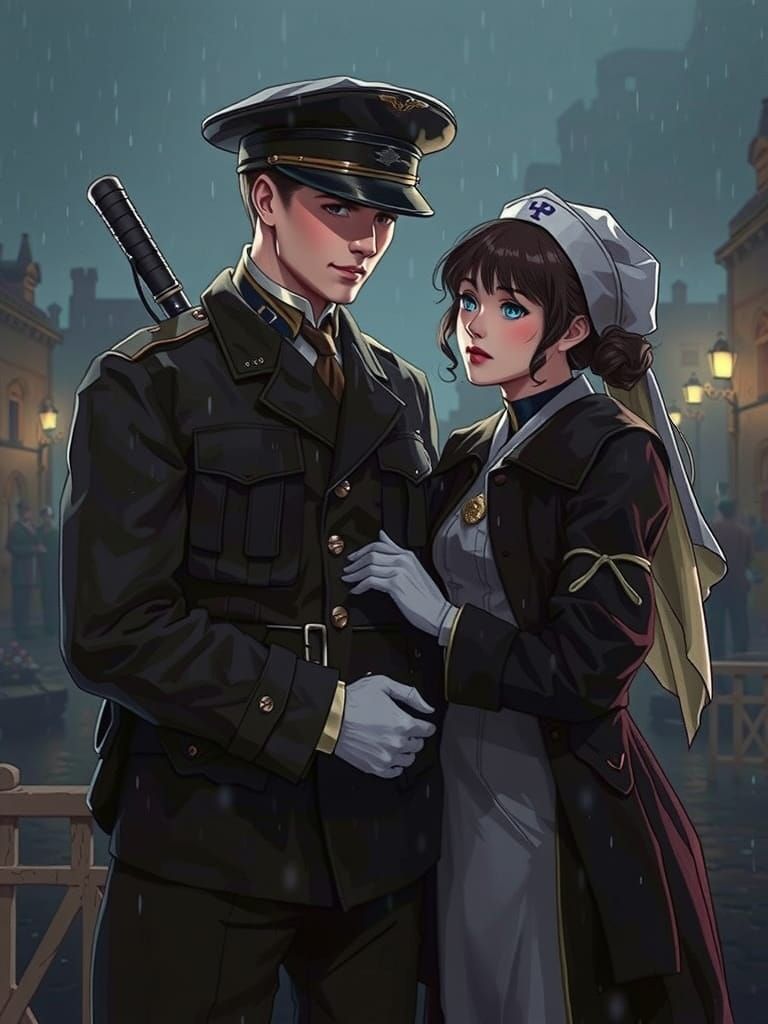 Sorrowful War-Torn Lovers Under Rainy Umbrella in Anime Styl...