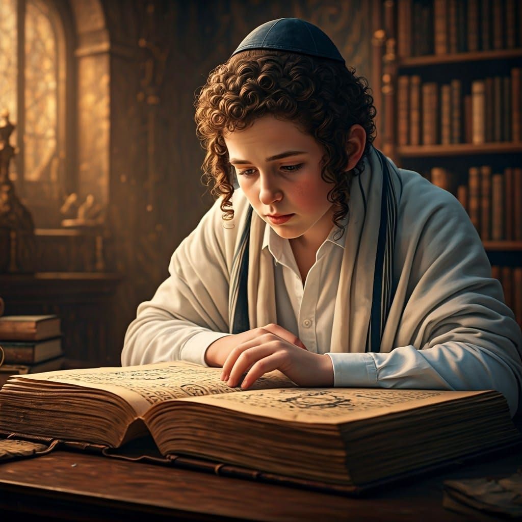 Hasidic Boy Reading Mystical Book in Library