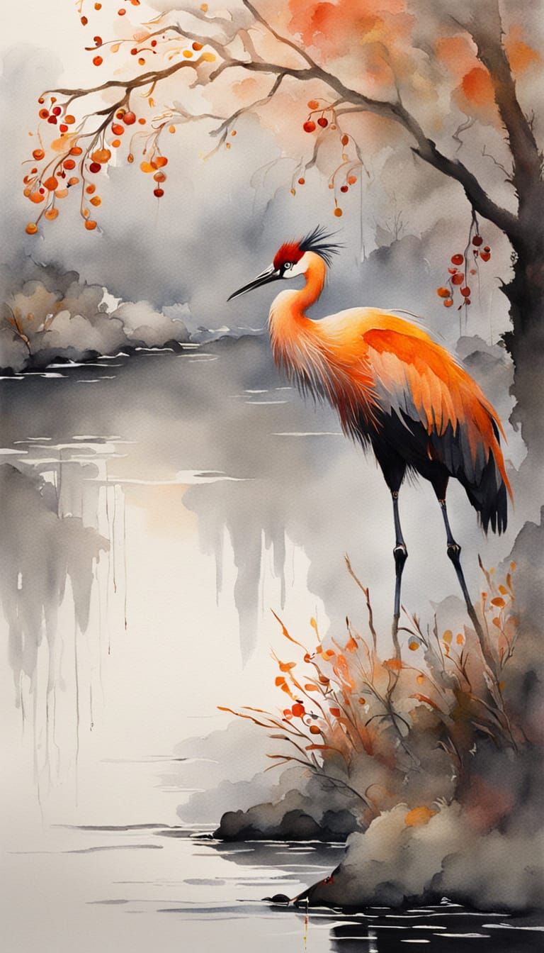 Oriental Crane Below Pomegranate Tree Watercolor