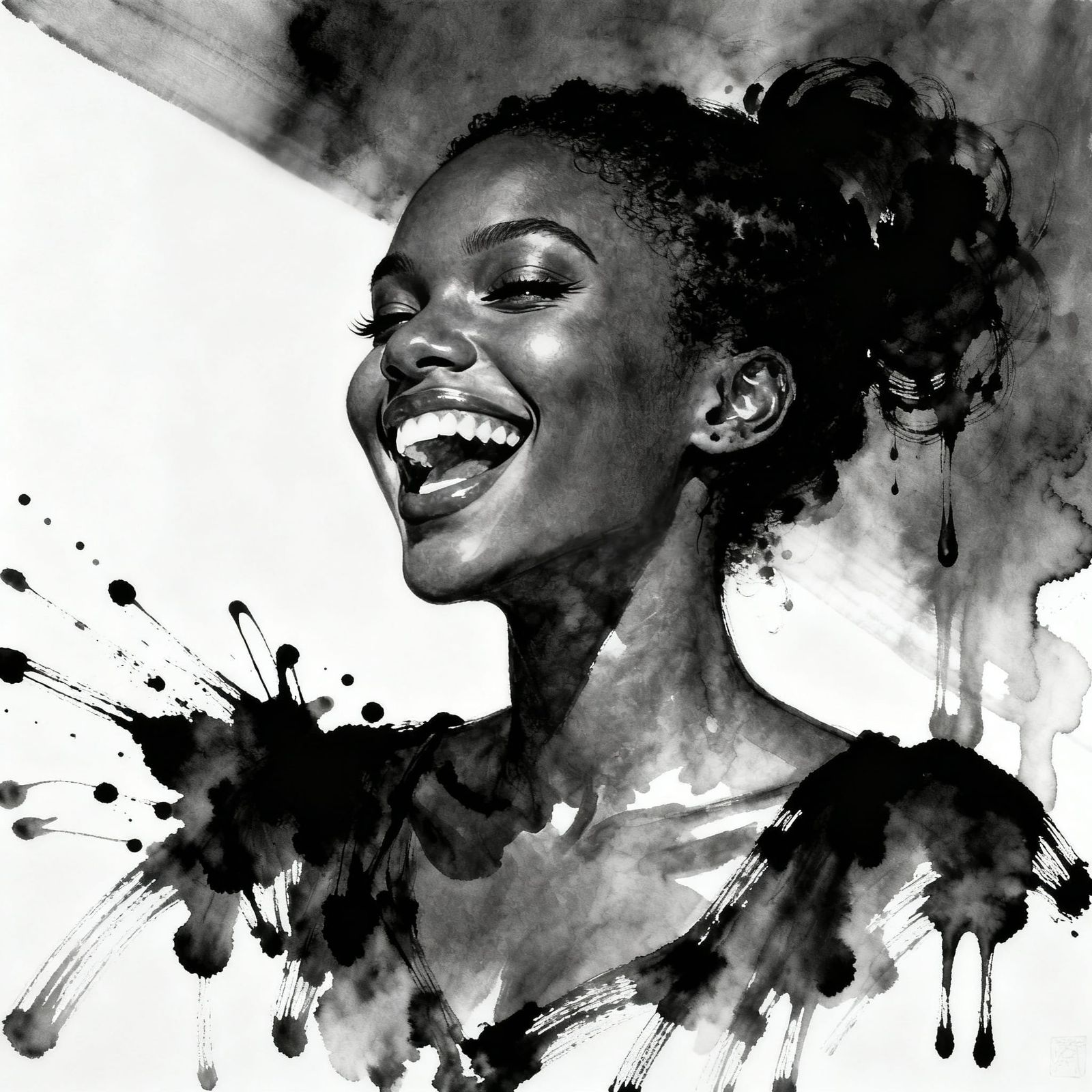 Young Black Woman Laughing In Dynamic Ink Drawing