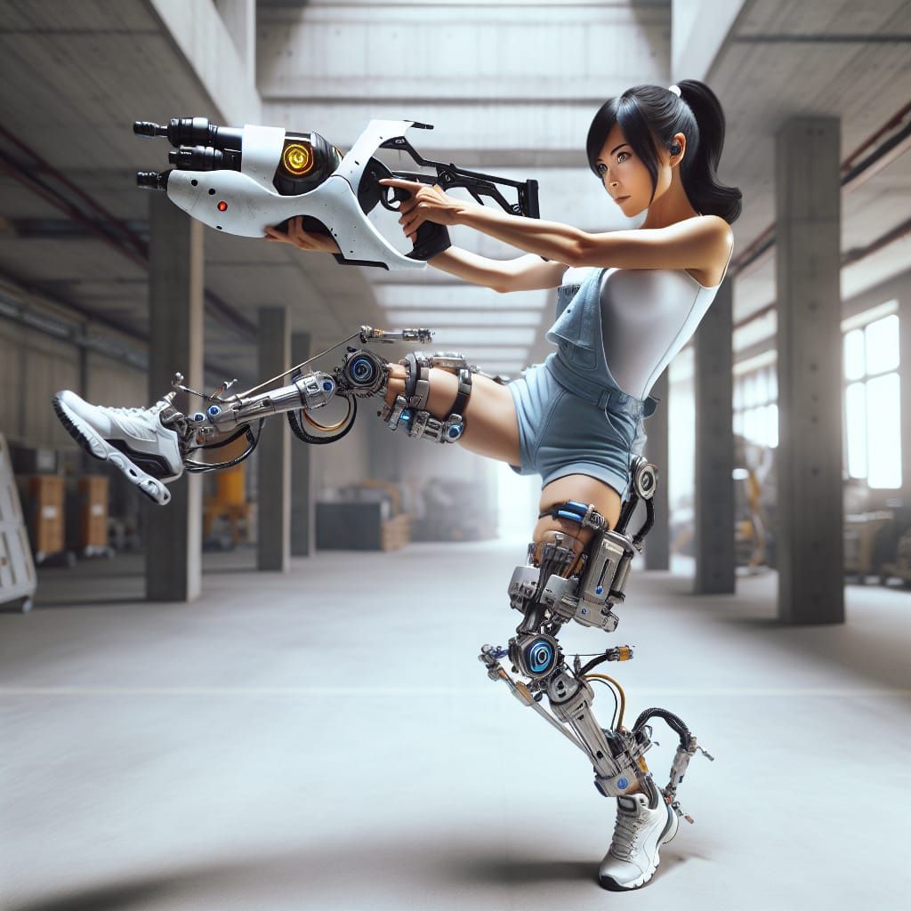 Woman with Portal Gun in Futuristic Lab