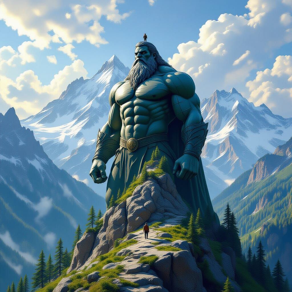 Man on Giant's Mountain Peak in Hyperrealistic Style