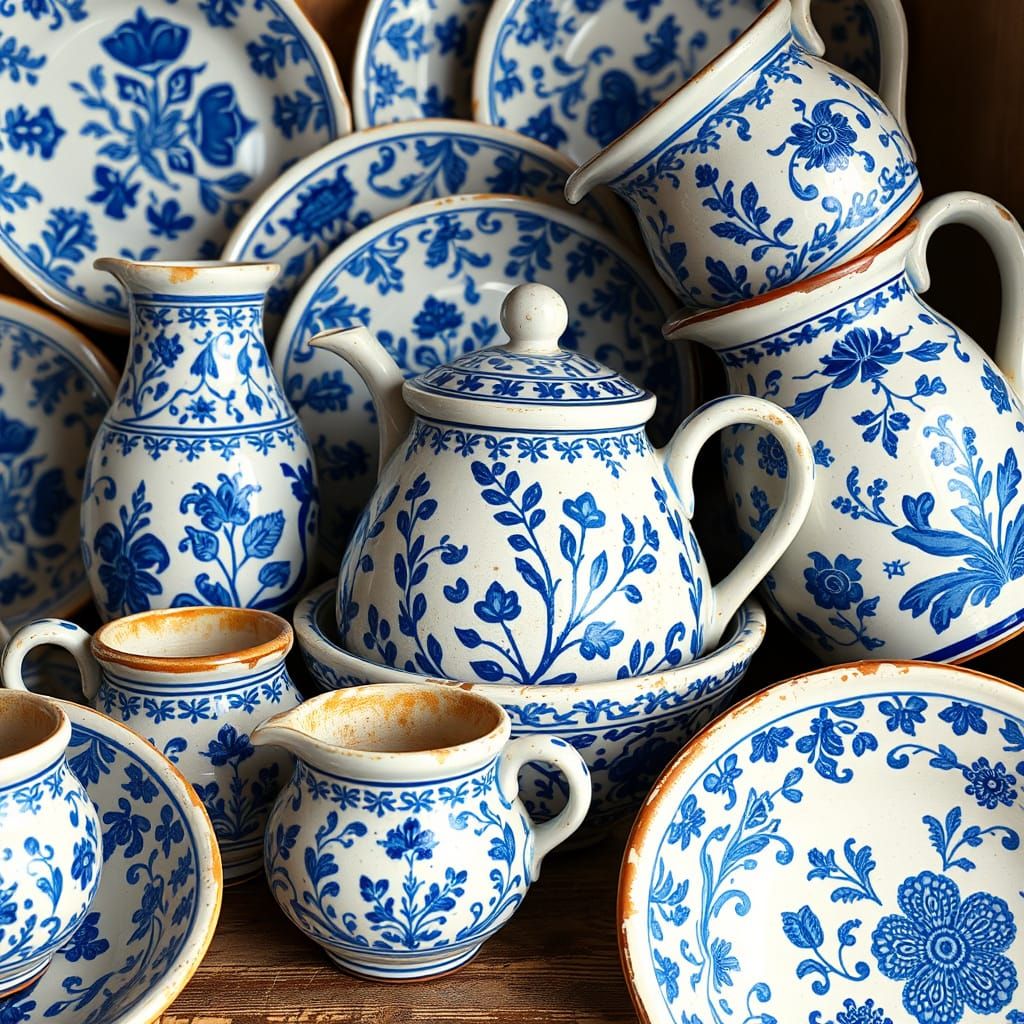 Blue and White Polish Pottery with Folk Patterns