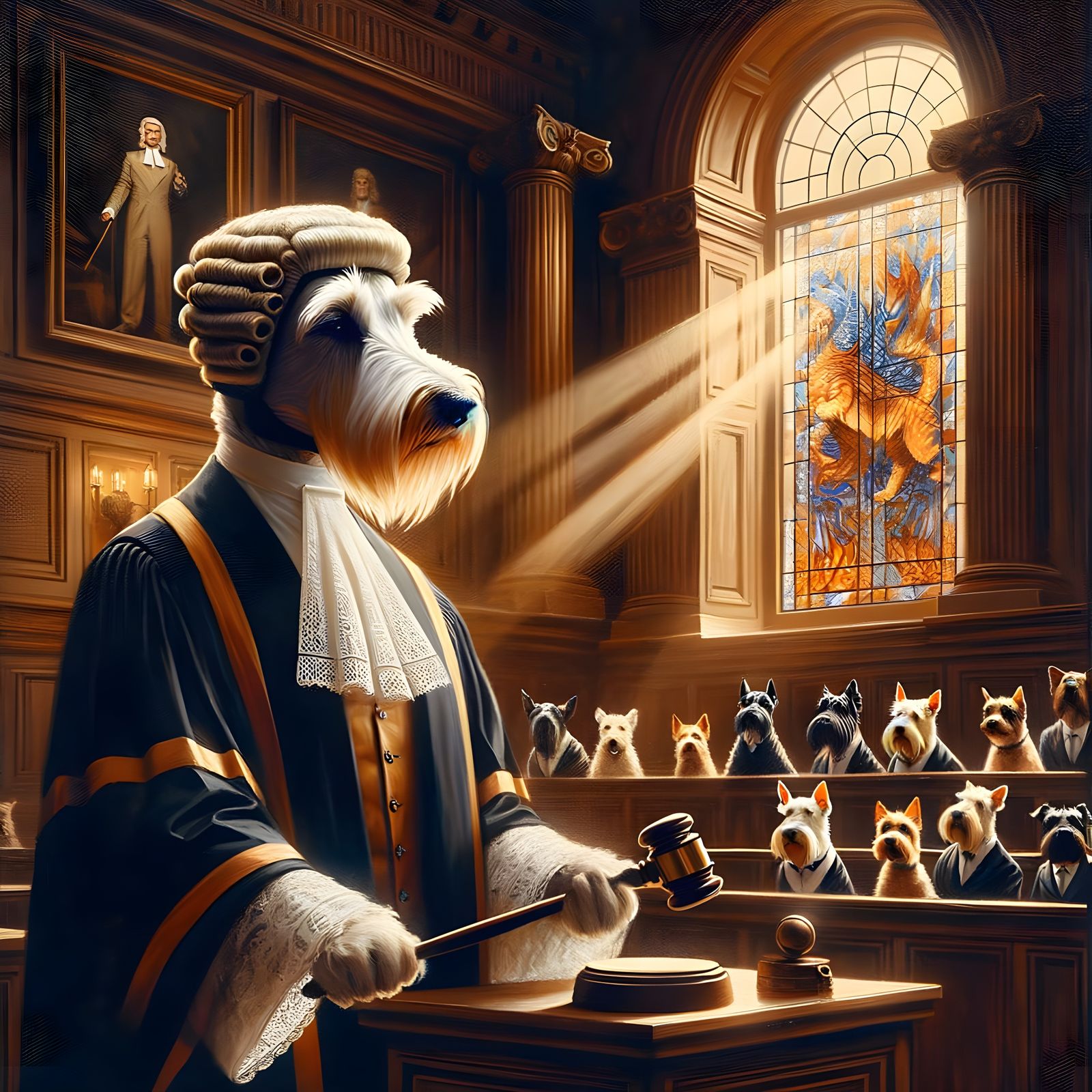 Scottish Terrier Judge in Courtroom Oil Painting